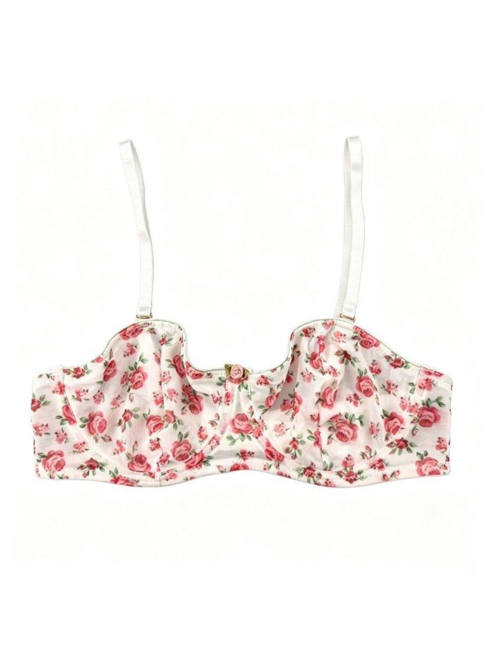Floral Mesh Underwire Bra White Pink Rose Print Size M 36B-36C NWT
